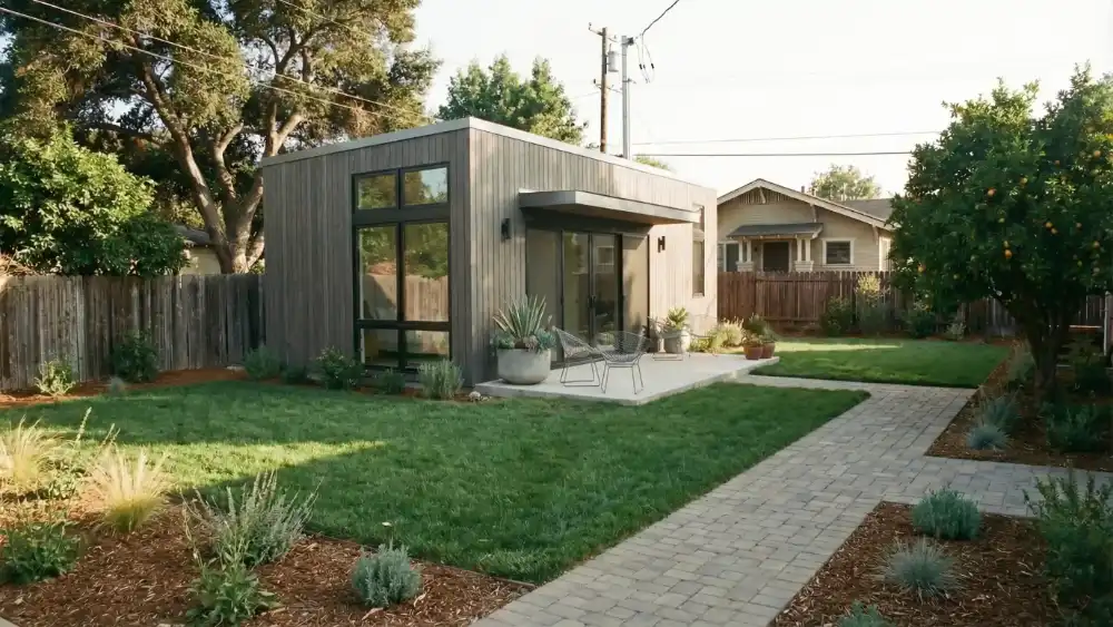 2-ADU-CONSTRUCTION-AFTER2-LOSANGELES finished backyard ADU with modern design, landscaping, and patio seating area