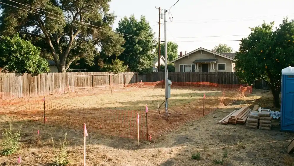 2-ADU-CONSTRUCTION-BEFORE-LOSANGELES empty backyard lot prepared for construction with marked boundaries