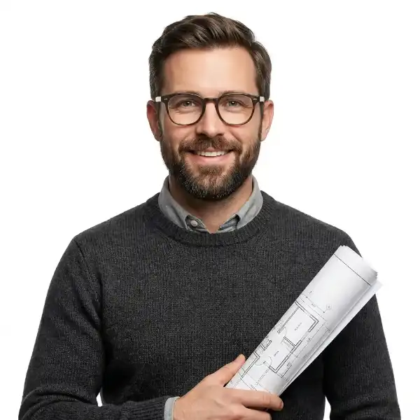 2-ARQUITECT-IMAGE-LOSANGELES man holding construction blueprints smiling at camera