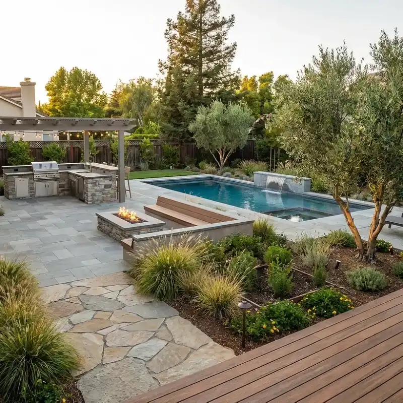 2-BACKYARD-REMODEL-IMAGE-LOSANGELES backyard renovation with pool outdoor kitchen and landscaping