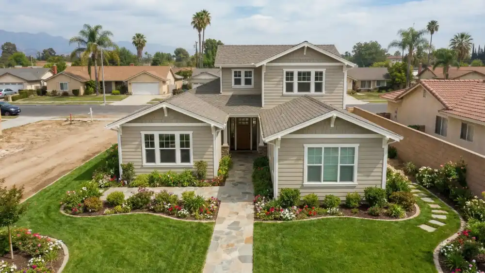 2-HOME-CONSTRUCTION-AFTER-LOSANGELES Completed residential home with landscaped front yard