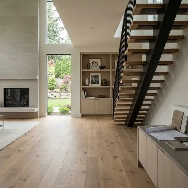 2-HOME-REMODEL-IMAGE-LOSANGELES Modern home interior with open staircase, wood flooring, and large windows