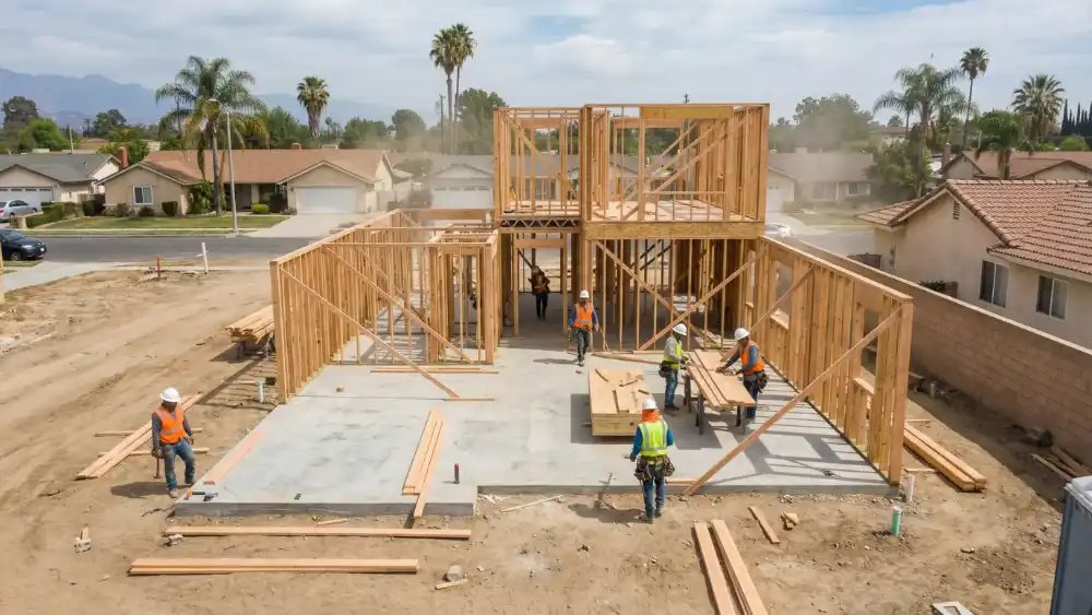 2-HOUSE-CONSTRUCTION-BEFORE-LOSANGELES Residential construction framing in progress with workers on site