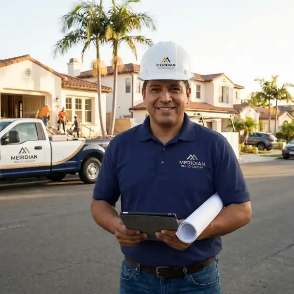 2-JORGEORTEGA-CEO-LOSANGELES Construction project manager holding plans and tablet at residential job site