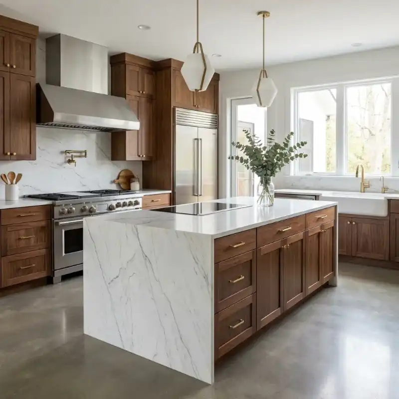 2-KITCHEN-IMAGE-LOSANGELES Luxury kitchen remodel with wood cabinets, marble island, and modern lighting