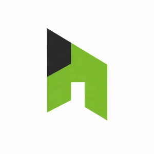 2-LOGO-HOUZZ-RATINGS minimalist house-shaped logo with green geometric form and black roof accent on white background