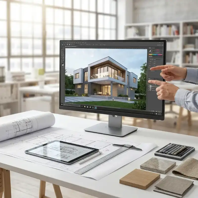 2-RENDERS-IMAGE-LOSANGELES Modern house design on computer screen with architectural plans on desk